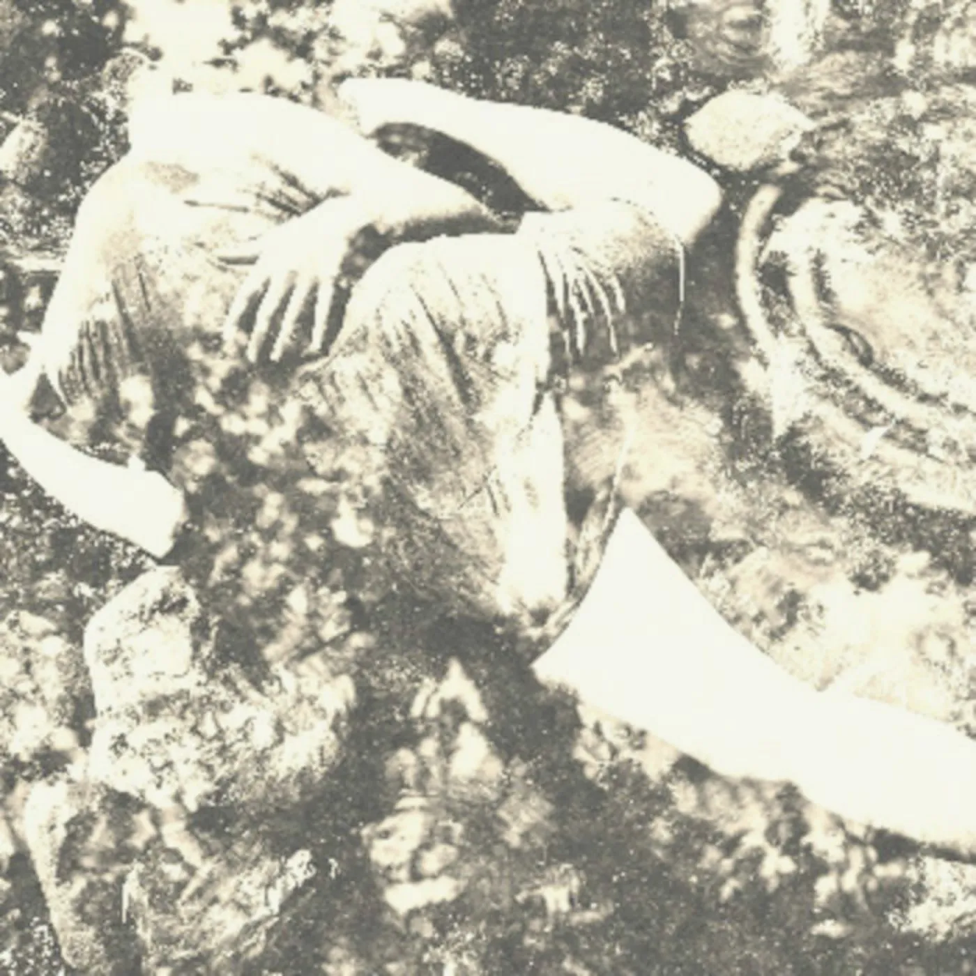 A sepia-toned photograph of a figure reclining among rocks and undergrowth, arms crossed overhead.