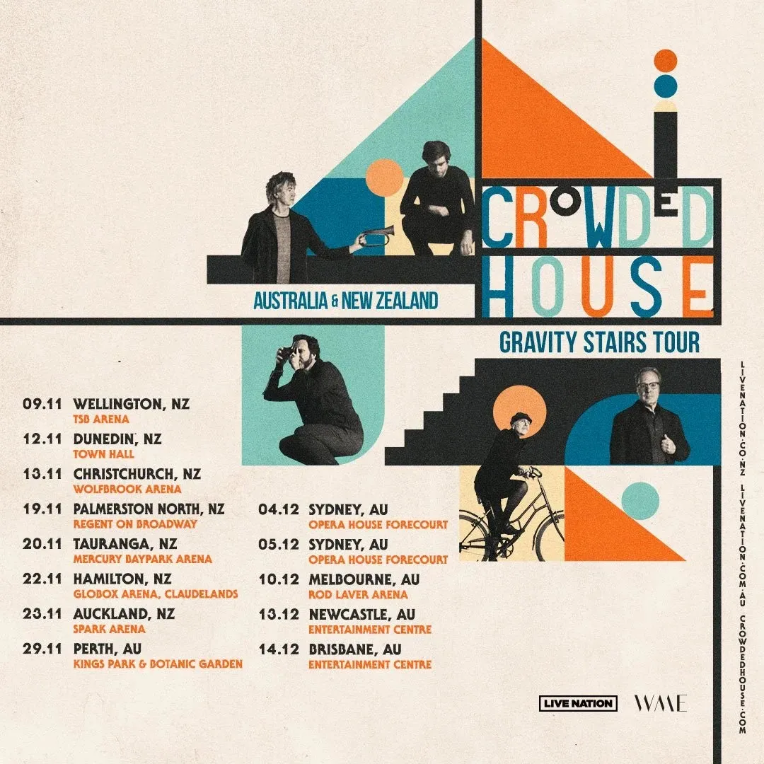 Tour poster for Crowded House’s Gravity Stairs tour, Australia and New Zealand dates.