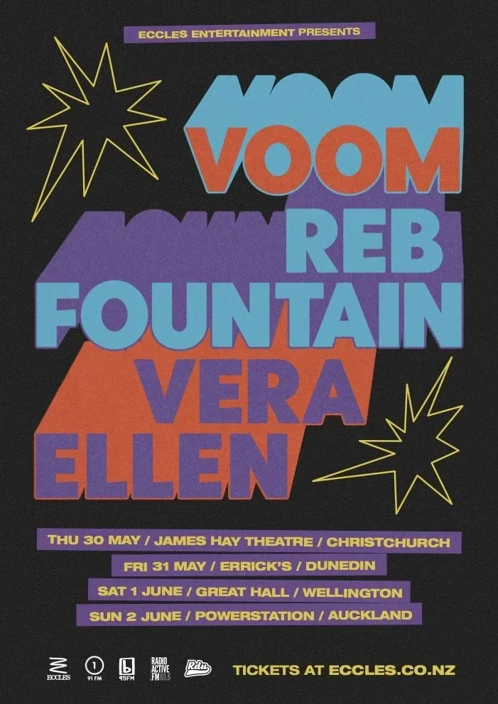 Tour poster for Voom, Reb Fountain and Vera Ellen, four New Zealand dates.